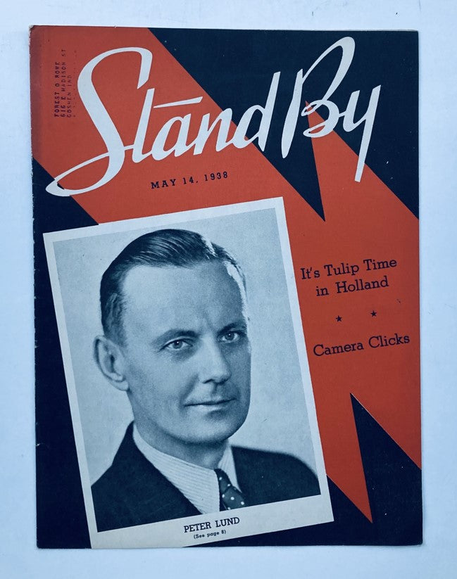 Cover of VTG Stand By Magazine from May 14, 1938 featuring Peter Lund, titled 'It's Tulip Time in Holland'. The cover showcases a vintage design with bold typography and a portrait of Peter Lund.