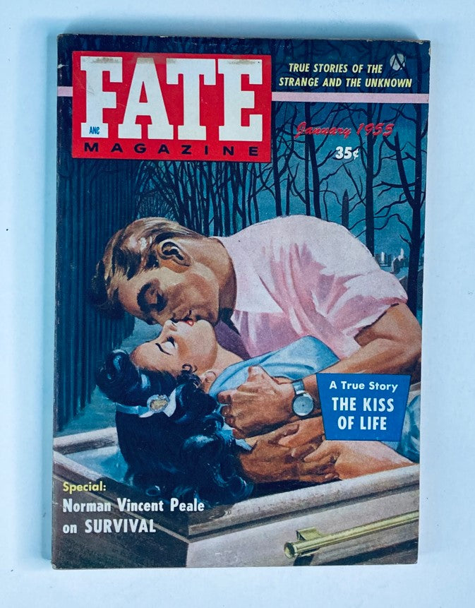 Cover of VTG Fate Magazine January 1955 Vol 8 No. 1 featuring the captivating cover story 'The Kiss of Life', depicting a couple in an affectionate kiss against a dark tree backdrop.