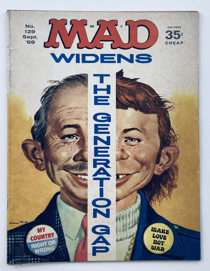 Mad Magazine September 1969 No. 129 Cover featuring the artwork depicting generational differences with a humorous twist.