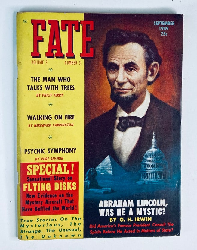 Cover of VTG Fate Magazine September 1949 Vol 2 No. 3 featuring a portrait of Abraham Lincoln and highlights of articles on the supernatural, including 'The Man Who Talks With Trees' and 'Walking on Fire'.