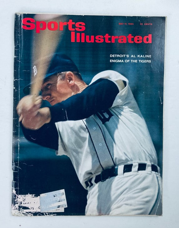 Cover of the vintage Sports Illustrated magazine from May 11, 1964, featuring Detroit's Al Kaline, a renowned baseball player, in action at the bat. The magazine is Volume 20, Number 19.