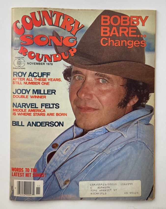 VTG Country Song Roundup Magazine November 1978 featuring Bobby Bare on the cover wearing a cowboy hat.