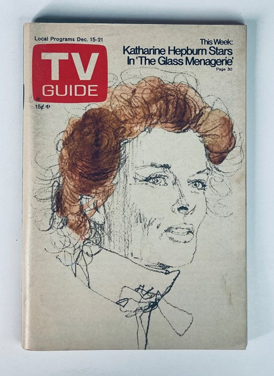 Cover of TV Guide Magazine December 15 1973 featuring Katharine Hepburn, showcasing her artistic illustration and magazine title.