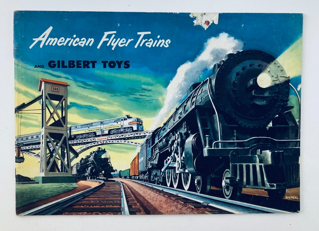 Vintage magazine cover showcasing American Flyer Trains and Gilbert Toys, featuring an illustration of trains on tracks and a bridge, titled 'VTG 1952 American Flyer Trains and Gilbert Toys 282 325 Silver Streak 360'.