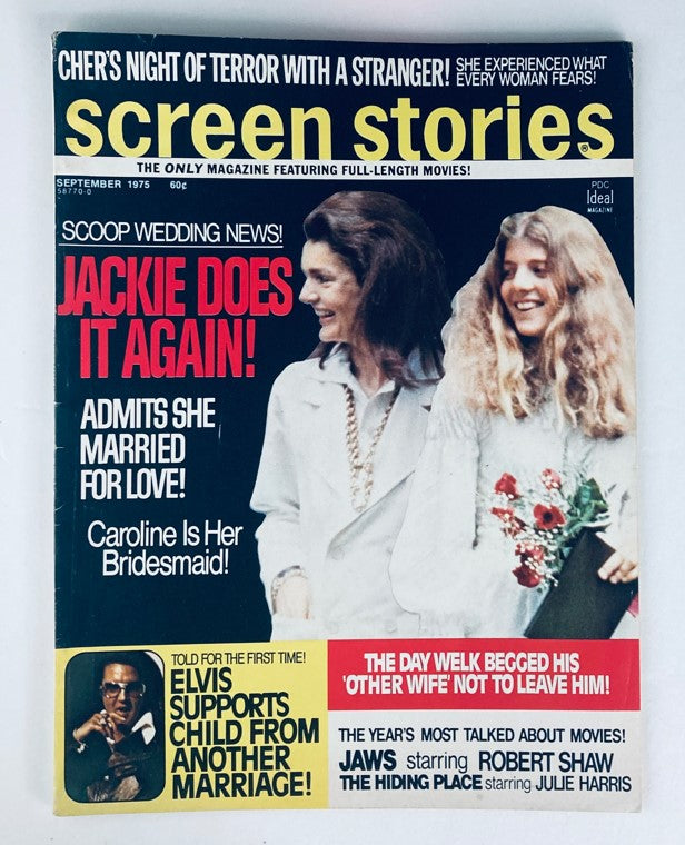 Cover of VTG Screen Stories Magazine September 1975 featuring Jackie Kennedy, titled 'Jackie Does It Again!' highlighting her wedding news and pop culture articles.
