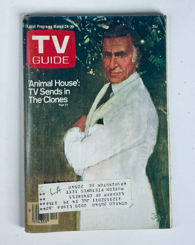 Vintage TV Guide Magazine cover from March 24, 1979, Issue #1356 featuring Ricardo Montalban, showcasing the headline 'Animal House: TV Sends in The Clones' with local program listings.