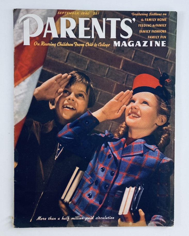Cover of VTG Parents' Magazine September 1940 featuring children saluting with books in hand. The theme 'One Hour at a Time' reflects parenting insights from the era.
