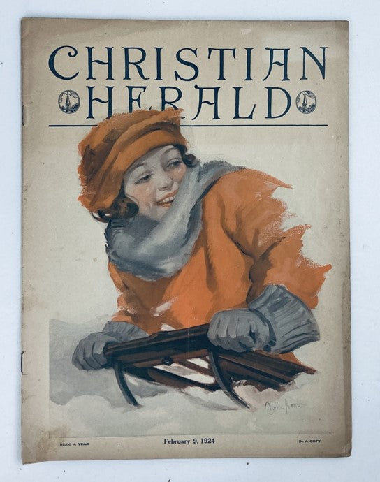 VTG Christian Herald Magazine February 9 1924 cover featuring a smiling lady in red skiing, showcasing the charm of 1920s design.