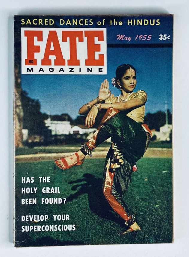 Cover of VTG Fate Magazine May 1955 Vol 8 No. 5 featuring Sacred Dances of the Hindus, showcasing a dancer in colorful attire with the magazine title prominently displayed.