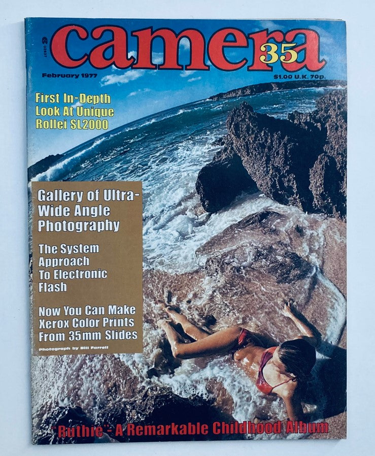 Cover of VTG Camera 35 Magazine from February 1977 featuring 'Ruthie - A Remarkable Childhood Album' and showcasing photography highlights from that era.