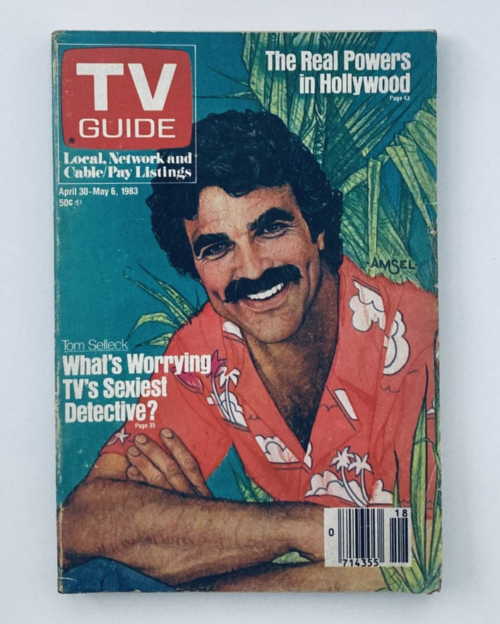 TV Guide Magazine April 30 1983 featuring Tom Selleck on the cover, showcasing the title 'What's Worrying TV's Sexiest Detective?' against a tropical background.