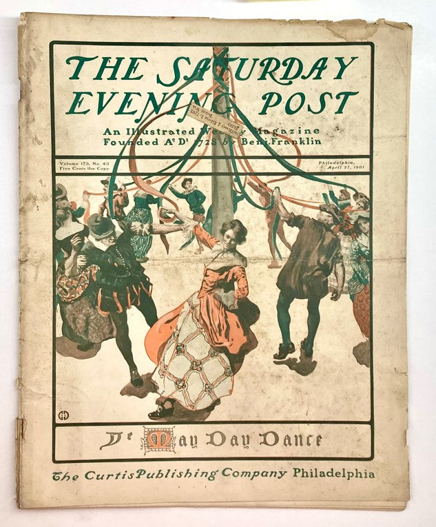 Cover of the Saturday Evening Post Illustrated Magazine from April 27, 1901, featuring an illustration of a May Day Dance, showcasing vintage art and early 20th-century print media.