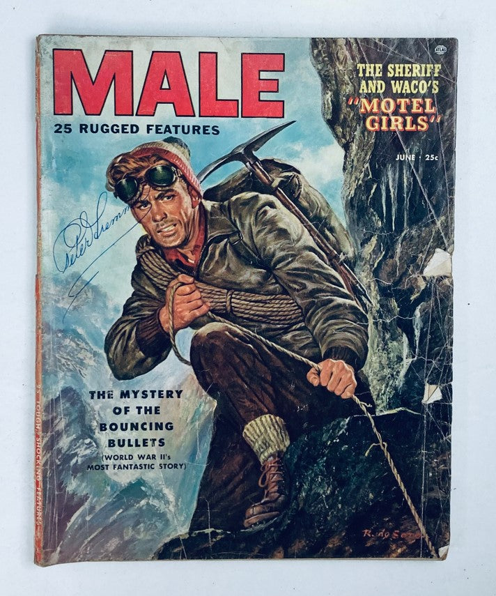 Cover of VTG Male Magazine June 1953 Vol 3 No. 6 featuring the story 'Mystery of the Bouncing Bullets' and an illustration of a male adventurer with mountain gear.