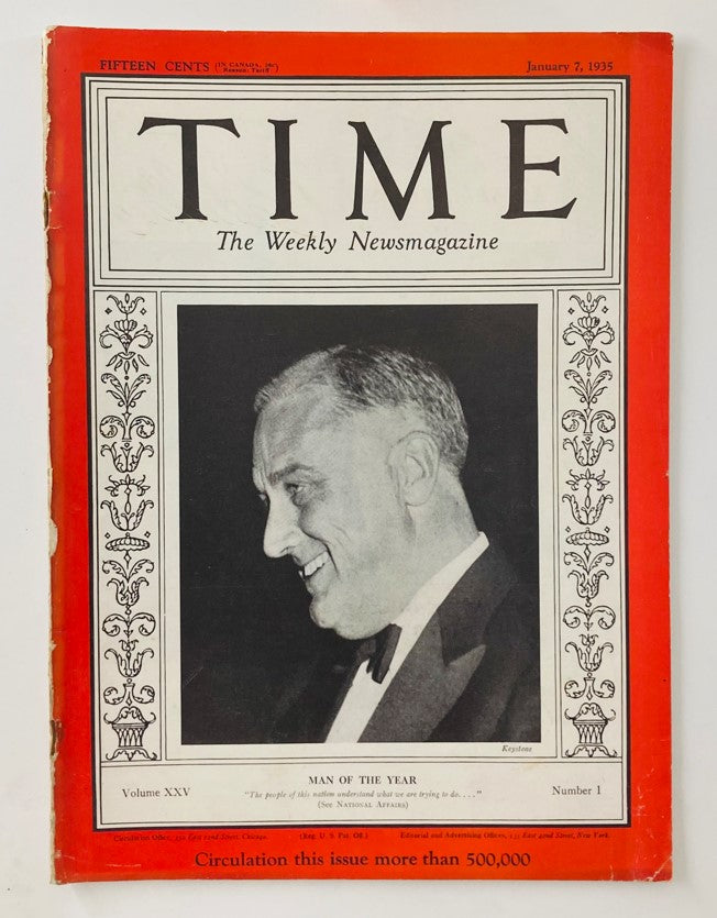 Cover of VTG Time Magazine from January 7, 1935 featuring Franklin D. Roosevelt, designated as Man of the Year. The cover highlights FDR's significant role during the Great Depression, showcasing a classic magazine style.