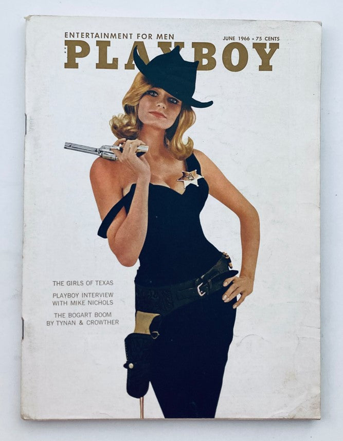Cover of VTG Playboy Magazine June 1966 featuring Playmate Kelly Burke in a classic vintage style with a cowboy hat and holding a gun.