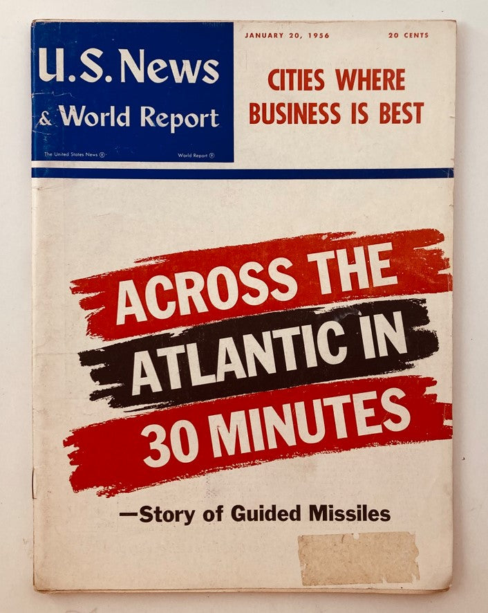 Cover of U.S. News & World Report Magazine from January 20, 1956, featuring the headline 'Across the Atlantic in 30 Minutes' and focusing on the Story of Guided Missiles.