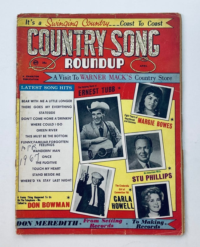 Cover of VTG Country Song Roundup Magazine from April 1967 featuring Ernest Tubb and Margie Bowes with vibrant red background and song hits listed.