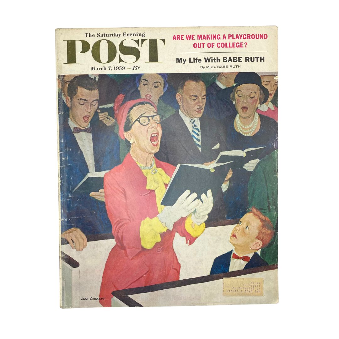 Cover of Saturday Evening Post Magazine from March 7, 1959, featuring the article 'Mrs. Bellows Can Sing' by Dick Sargent, showcasing a vibrant illustration of a choir performance.