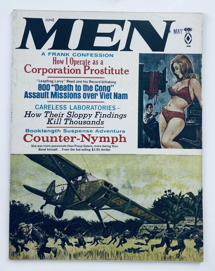 Cover of VTG Men Magazine June 1966 Vol 15 #6 featuring the theme 'The Loose-Living Ladies', showcasing an illustrated vintage art of a woman in a bikini and a propagandistic aircraft.