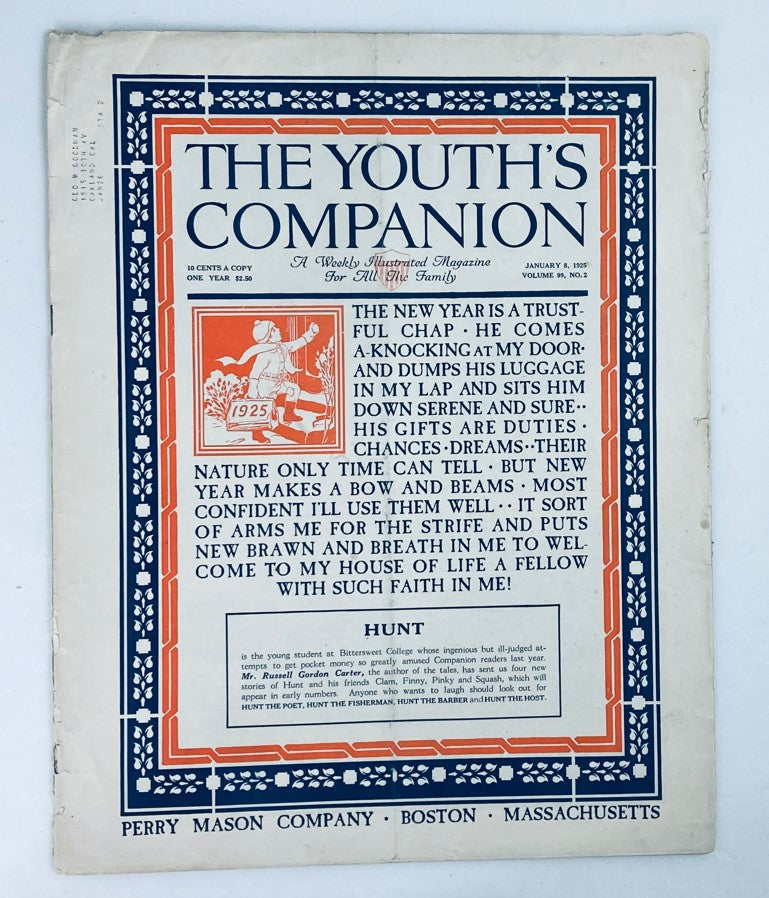 Cover of VTG The Youth's Companion Magazine January 8 1925, featuring a colorful design and showcasing the title 'The Youth's Companion' with vintage illustrations and text.