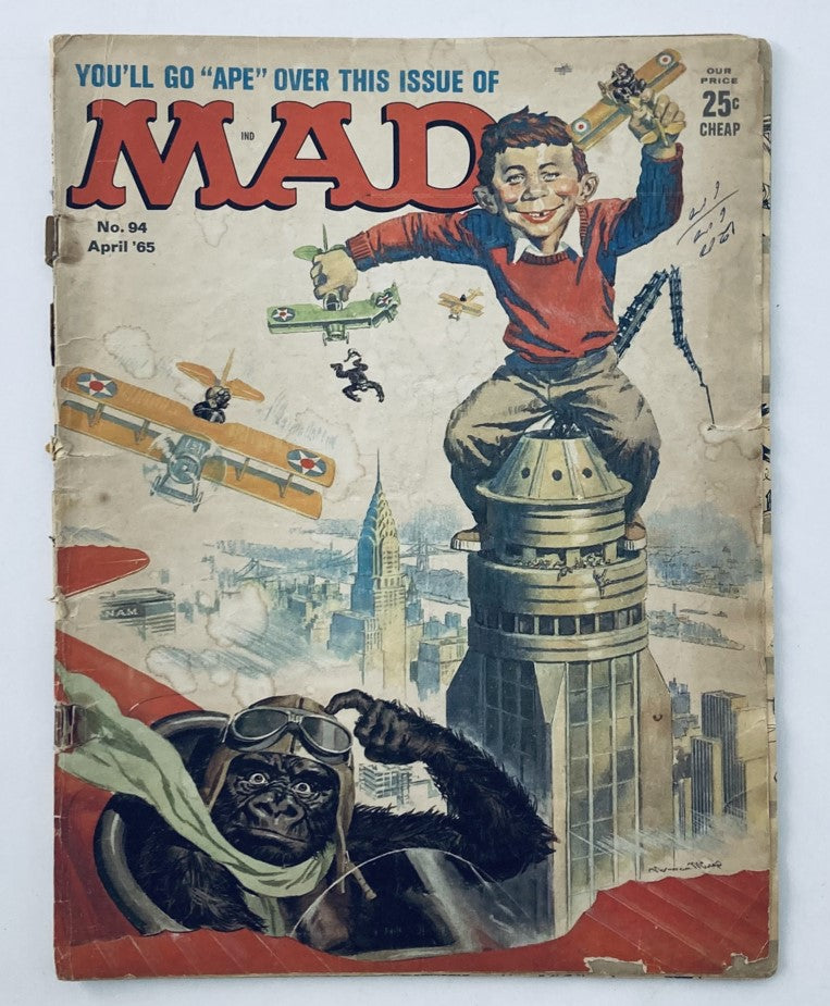 VTG Mad Magazine April 1965 No. 94 cover showcasing the humorous illustration featuring a boy and a gorilla, representing the 'Son of Mighty Joe Kong' theme.