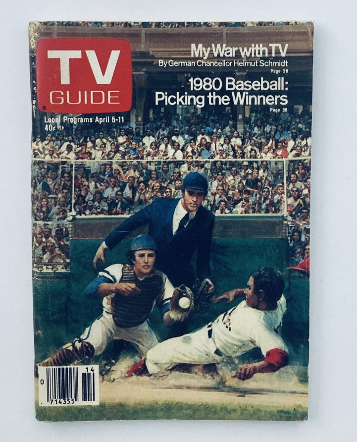 TV Guide Magazine April 5 1980 featuring Baseball Winners, with a cover illustration of a baseball scene depicting players and an umpire, highlighting the program lineup for the week.