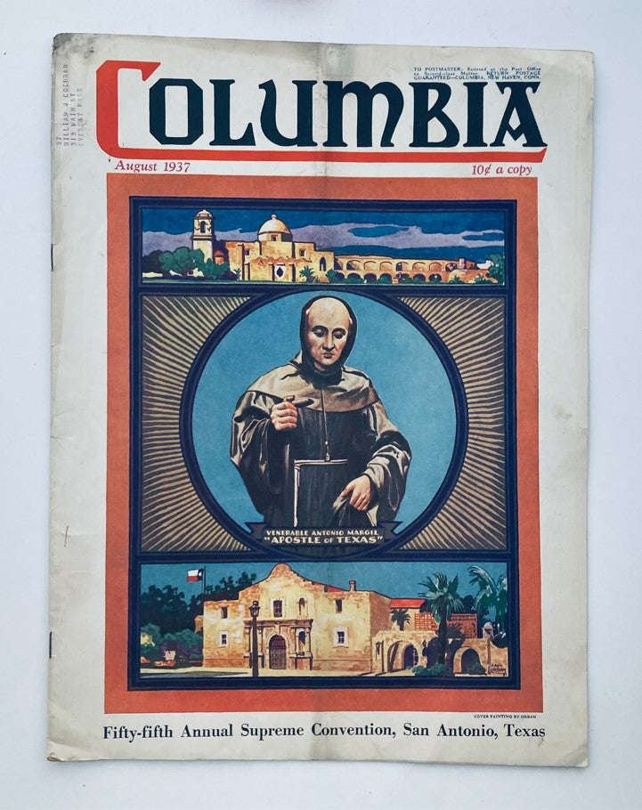 Cover of VTG Columbia Magazine August 1937 Vol 17 No. 1 featuring Venerable Antonio Margil, with the title 'Columbia' and historical imagery, a collectible item for vintage magazine enthusiasts.