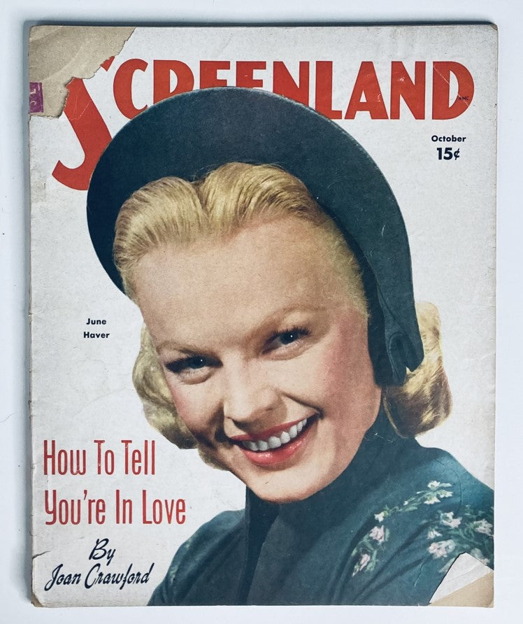 Cover of VTG Screenland Magazine from October 1950 featuring June Haver, showcasing her smiling portrait and an article titled 'How To Tell You’re In Love' by Joan Crawford.