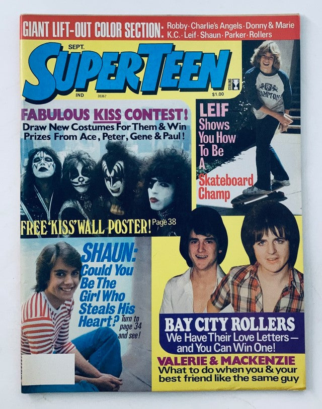 Cover of Super Teen Magazine September 1977 Vol. 1 No. 5 featuring rock band Kiss, David Cassidy, and the Bay City Rollers with colorful headlines and articles.