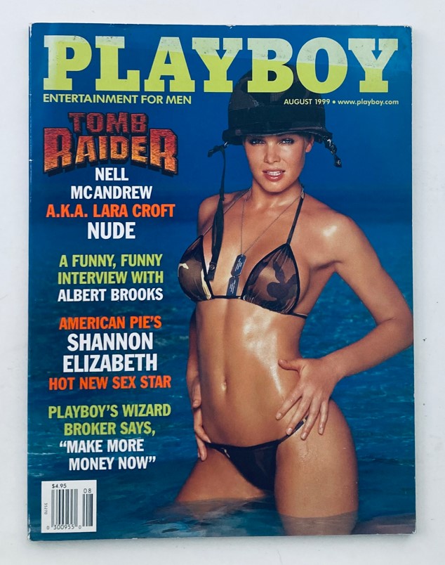 Playboy Magazine August 1999 featuring Nell McAndrew as Lara Croft on the cover, highlighting the blend of gaming and magazine culture.