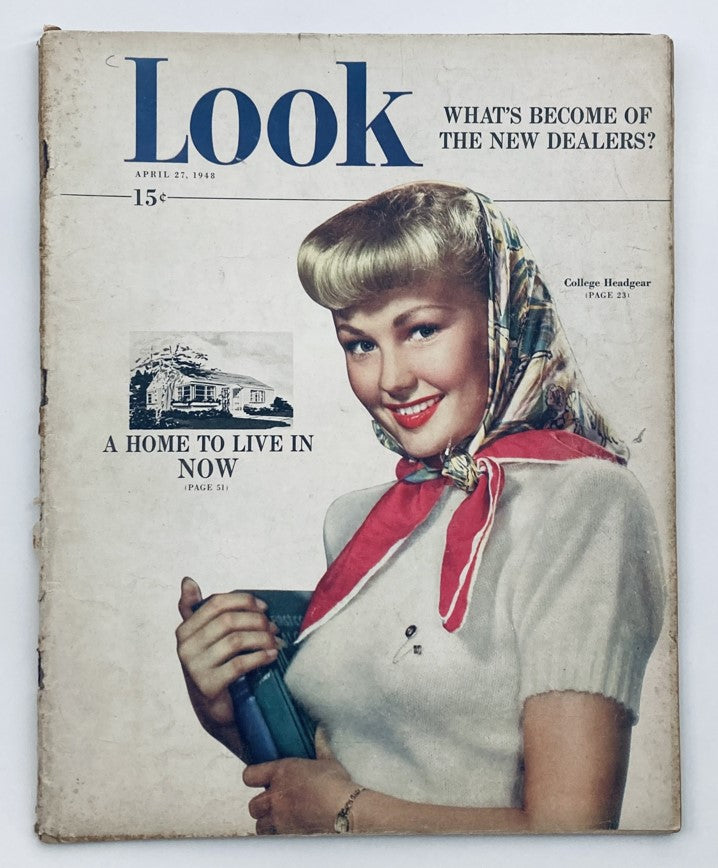 Cover of VTG Look Magazine April 27 1948 featuring the article 'What's Become of The New Dealers?', showcasing a smiling woman in a stylish headscarf and sweater, with vibrant illustrations related to post-war America.