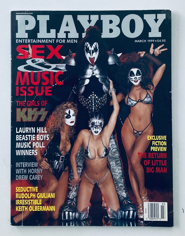 Cover of Playboy Magazine March 1999 featuring the Girls of KISS and Lexie Karlsen, highlighting the Sex & Music Issue.