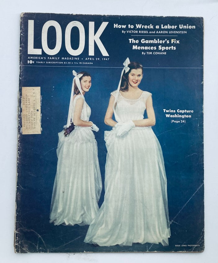 VTG Look Magazine April 29, 1947, Vol 11 No. 9 cover featuring twins in elegant dresses, titled 'Twins Capture Washington.' This vintage magazine showcases fashion and culture of the late 1940s.