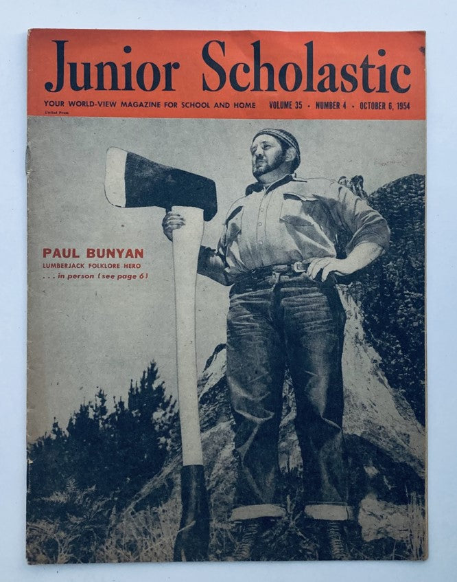 VTG Junior Scholastic Magazine October 6 1954 featuring Paul Bunyan on the cover, depicting the legendary lumberjack with an oversized axe, ideal for collectors of vintage educational publications.