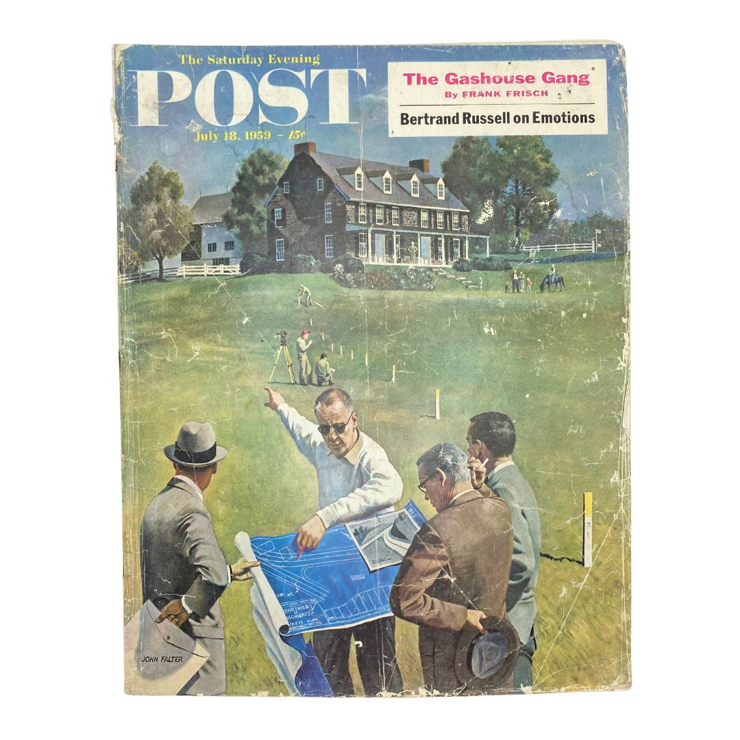 Cover of Saturday Evening Post Magazine July 18, 1959 featuring art by John Falter, depicting men discussing plans on a green lawn.