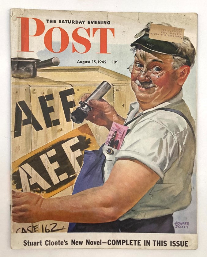 Cover of Saturday Evening Post Magazine, August 15, 1942, featuring an illustrated portrait of a smiling man with a camera, artistically designed by Howard Scott.