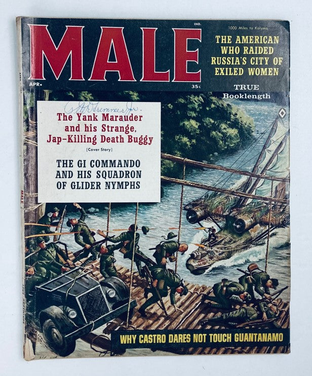 VTG Male Magazine April 1961, Volume 11, Number 4 featuring the cover story 'The GI Commando and His Squadron of Glider Nymphs' with military-themed illustrations and vintage advertising.