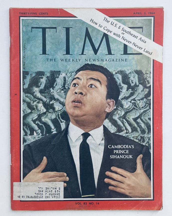Vintage Time Magazine from April 3, 1964, featuring Cambodia's Prince Sihanouk on the cover, Volume 83, Number 14, showcasing political themes of Southeast Asia with engaging illustrations.