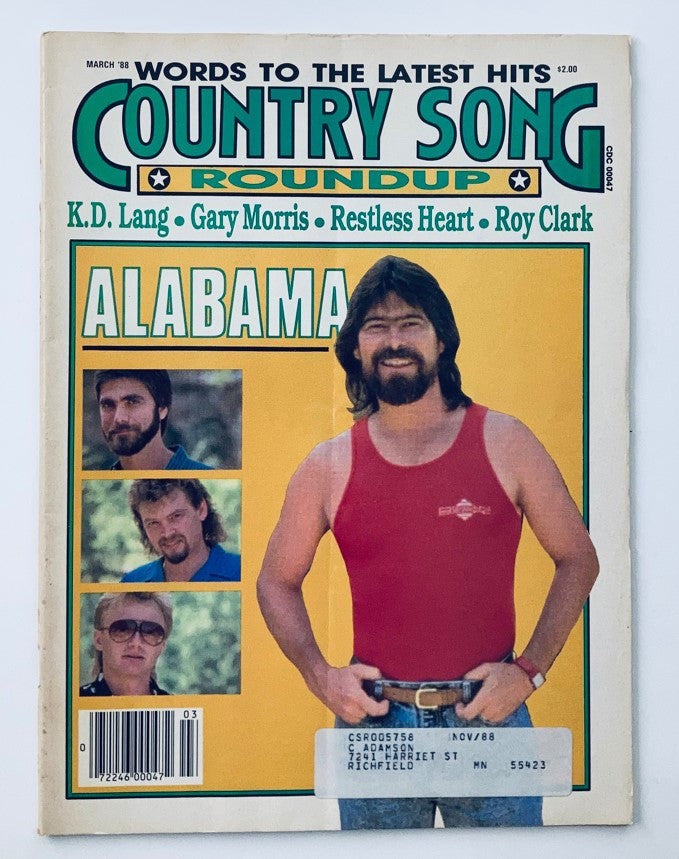 Cover of Country Song Roundup magazine March 1988 featuring Alabama, K.D. Lang, and Gary Morris. It showcases vibrant colors and classic country music aesthetics.