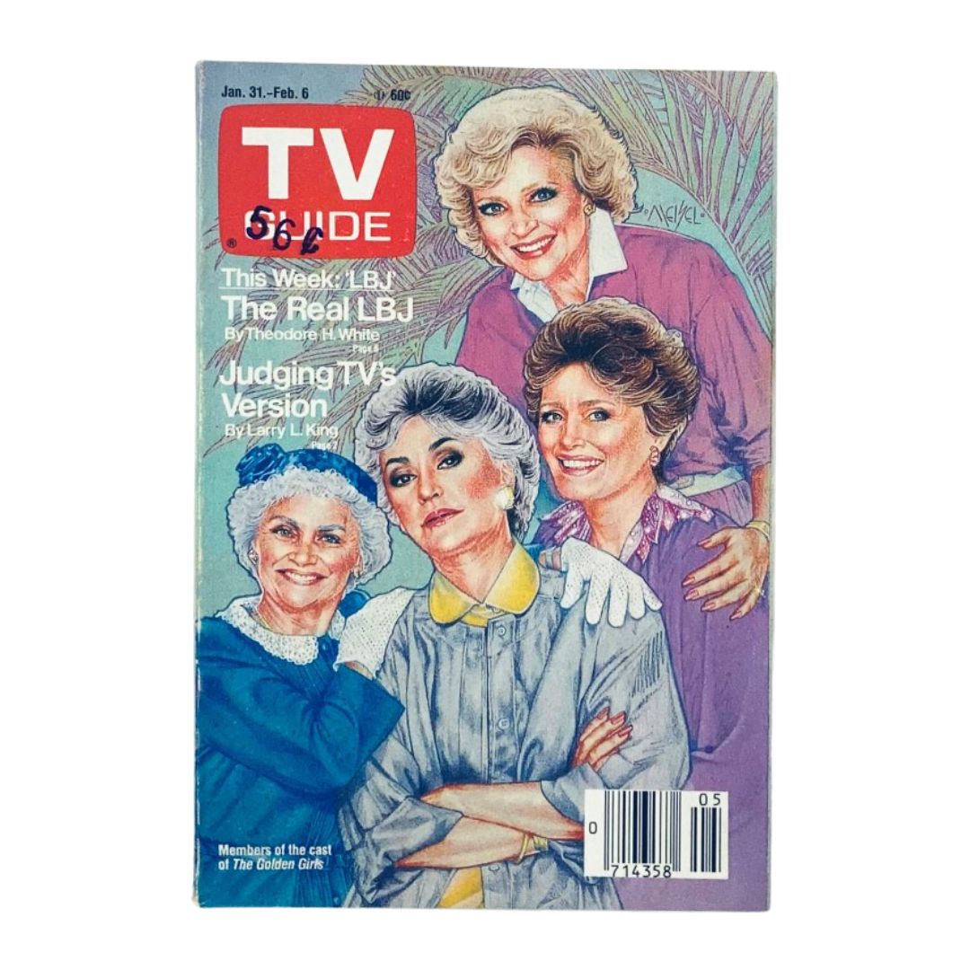 TV Guide Magazine January 31 1987 cover featuring Estelle Getty and the cast of The Golden Girls, showcasing entertainment articles including 'The Real LBJ' and 'Judging TV's Version'. Pristine condition with protective covering.