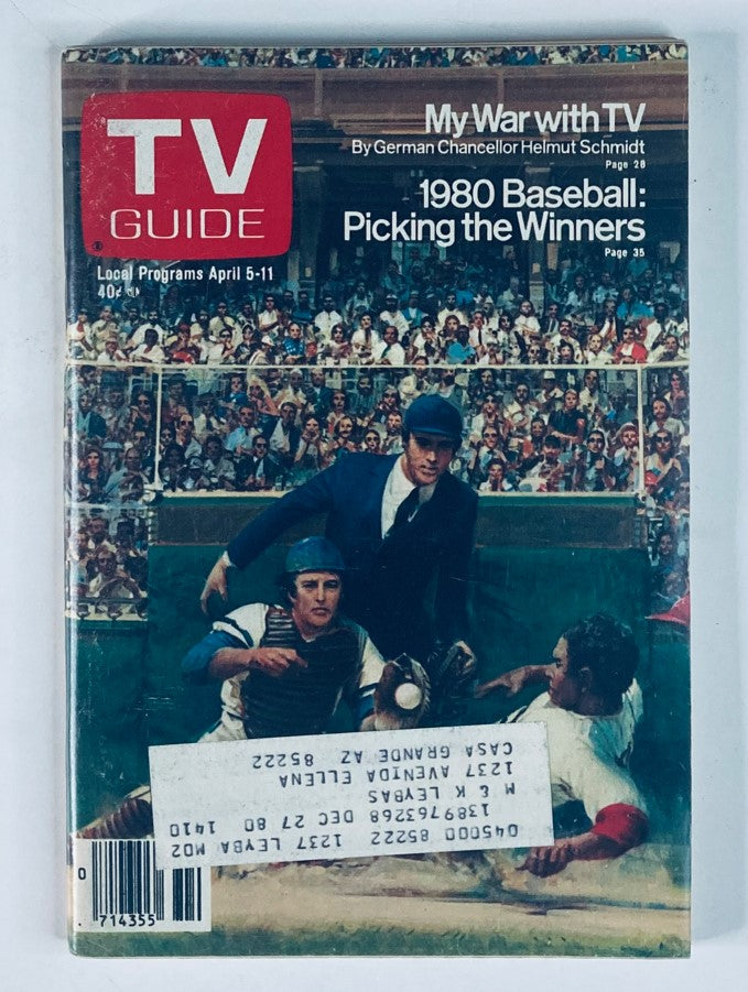 TV Guide Magazine April 5 1980, Issue #1410 featuring a cover story on baseball titled 'Picking the Winners', showcasing a dramatic baseball scene with players and an umpire, encapsulating the excitement of the 1980 MLB season.