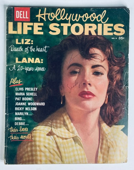 VTG Hollywood Life Stories Magazine 1958 Vol 1 #8 featuring Elizabeth Taylor on the cover, showcasing classic Hollywood glamour.