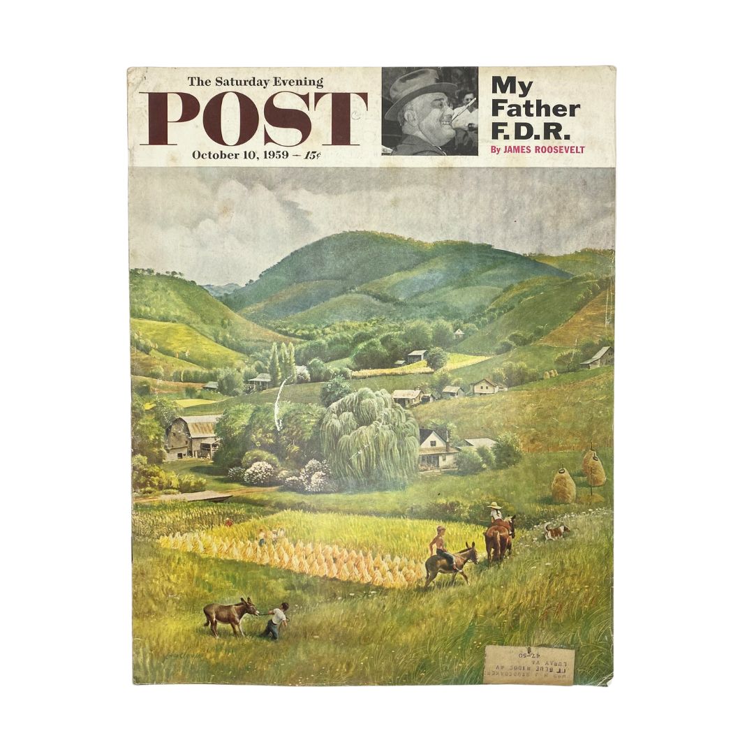 Cover of the Saturday Evening Post Magazine from October 10, 1959, featuring a landscape illustration with farmers working in the Blue Ridge Mountains.