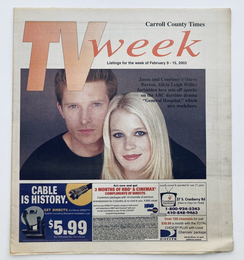 TV Week Magazine cover featuring Steve Burton and Alicia Leigh Wills, February 9 2003 edition, showcasing their roles in General Hospital.