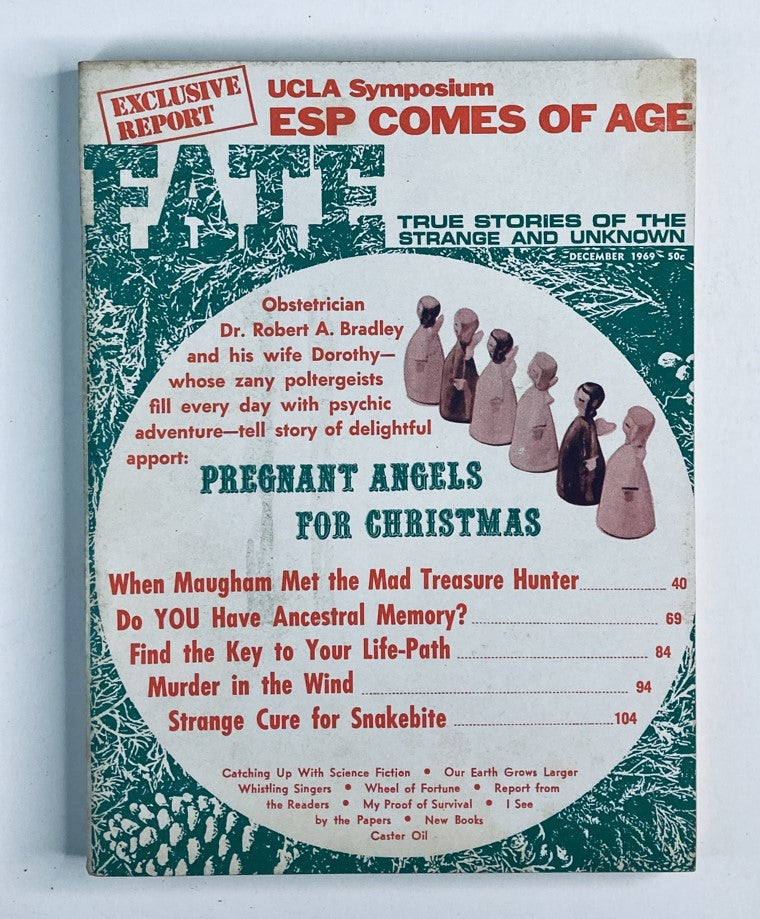 Cover of VTG Fate Magazine December 1969, Vol 22 No. 12, featuring the theme 'Pregnant Angels for Christmas' with a vintage aesthetic, showcasing articles on supernatural topics.