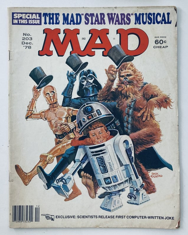 Mad Magazine December 1978 No. 203 Star Wars Musical cover featuring iconic characters like Darth Vader, Chewbacca, C-3PO, and R2-D2 in a humorous illustration.