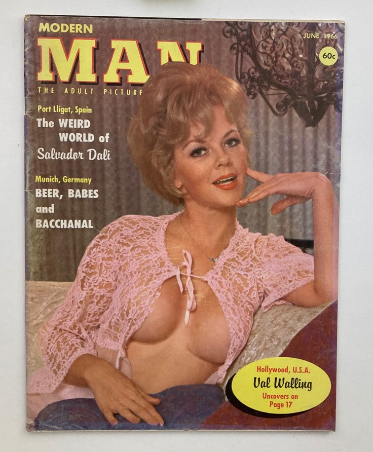 Cover of VTG Modern Man Magazine from June 1966 featuring The Weird World of Salvador Dali, showcasing a blonde model in a pink lace top with an artistic background.