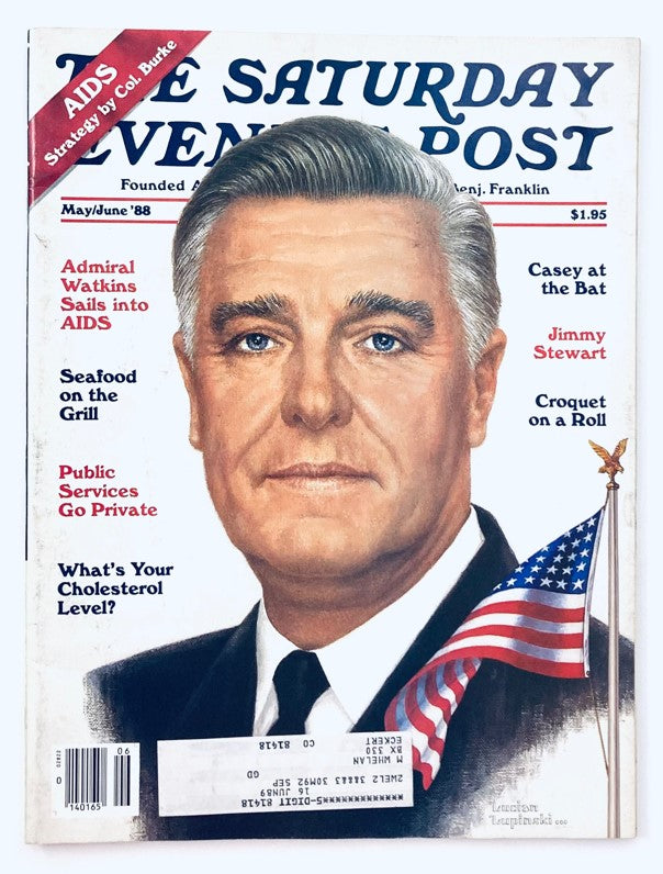 Cover of Saturday Evening Post Magazine May 1988 featuring Admiral Watkins, discussing AIDS awareness, surrounded by late 1980s cultural elements.