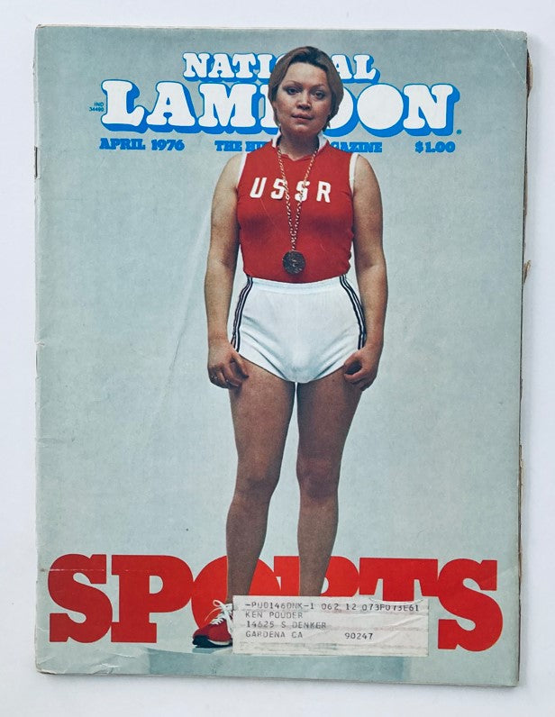 Vtg National Lampoon Magazine April 1976 cover featuring a female athlete wearing a USSR jersey and a medal, showcasing the theme "Sports Comeback of the Year."