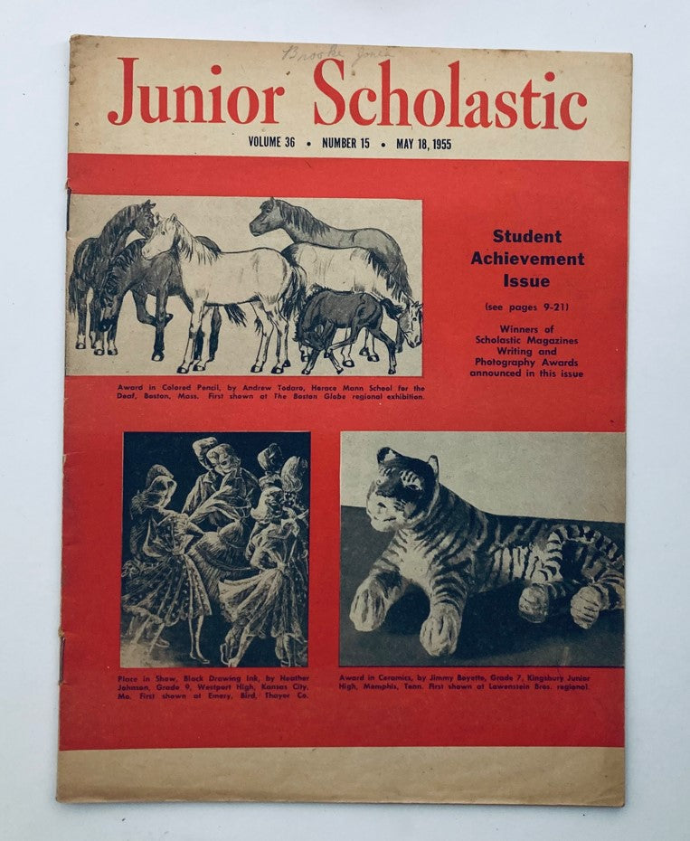 Cover of VTG Junior Scholastic Magazine from May 18, 1955, featuring artistic illustrations, including a full-color depiction of horses, dancers, and a tiger, highlighting the Student Achievement Issue.